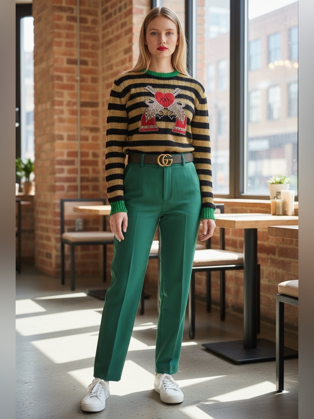 Gucci Black & Gold Striped Embroidered Heart Pistols Crewneck Sweater